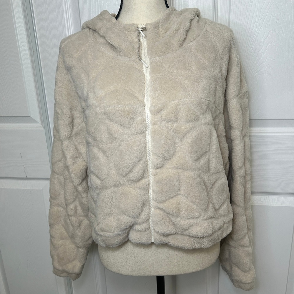 Urban Outfitters Fleece Jacket Women's Medium Quilted Cream‎ Fuzzy Hooded Zip